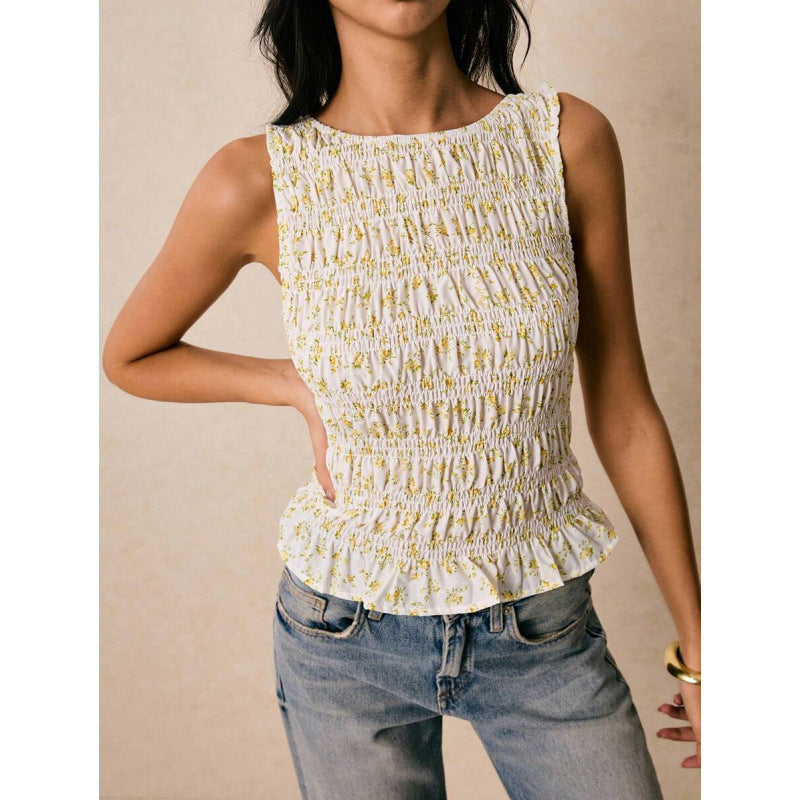 Womens Solid-Color Pleated Crew-Neck Casual Tank Top