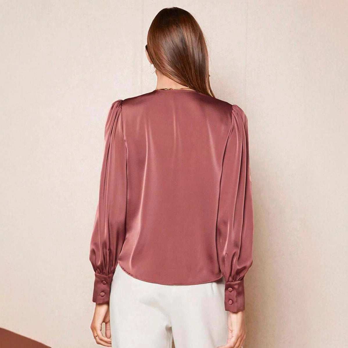 Satin Button V-neck Puff Sleeve Blouse