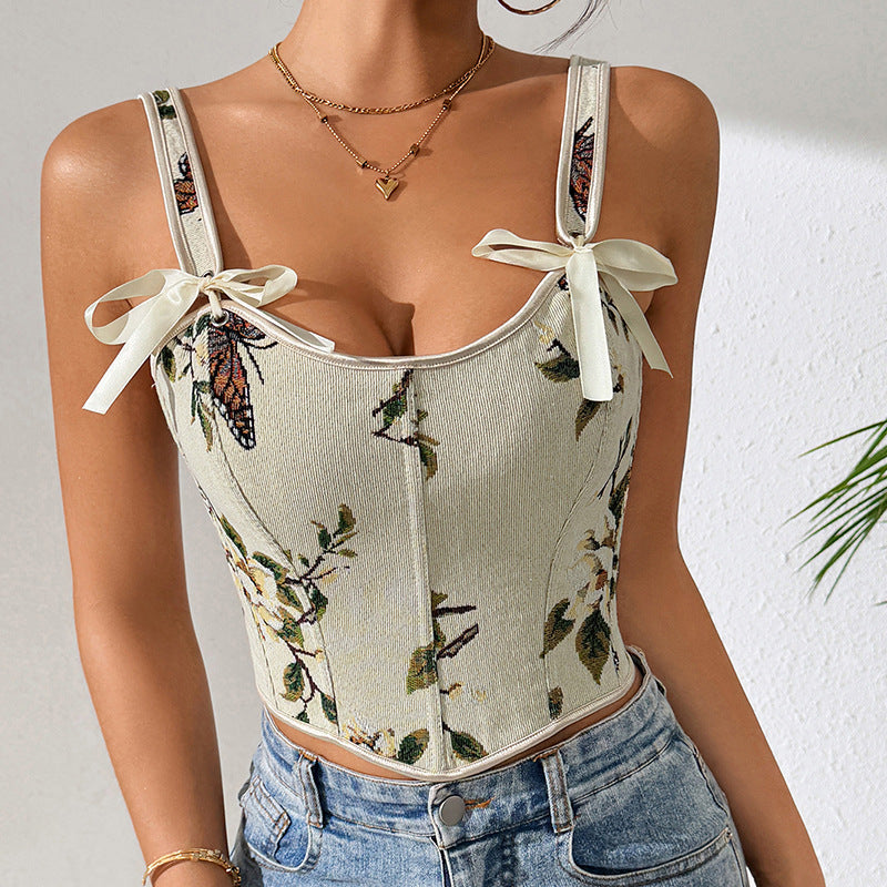 French Style Floral Vintage Vest Crop Top
