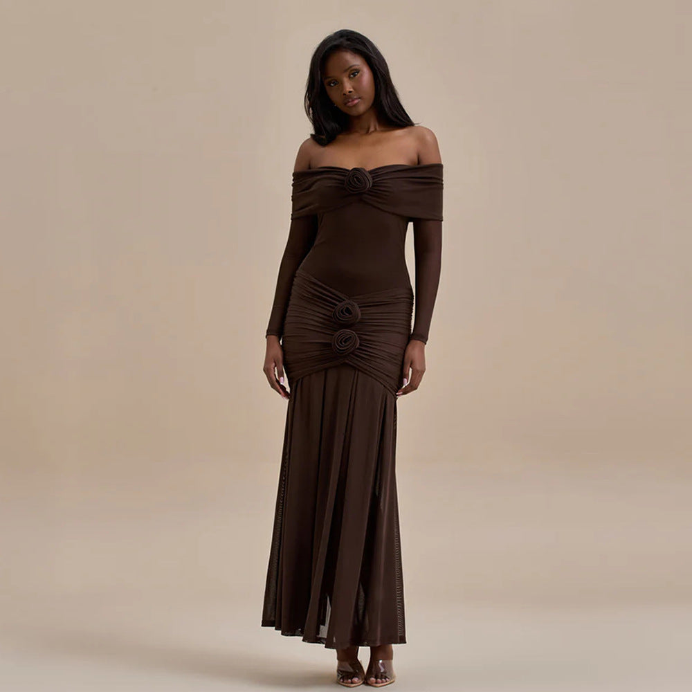 Off-shoulder Pleated Dress Flower Dress