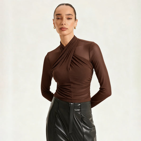 Round-neck Cross-perspective Mesh Spliced Top Blouse