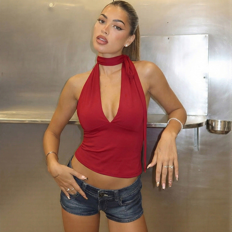 Deep V-Neck Backless Slim-Fit Solid-Color Lace-Up Tank Top