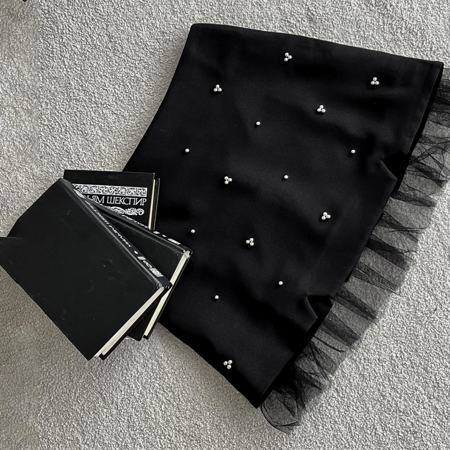 Mesh Stitching Beaded Mini Skirt