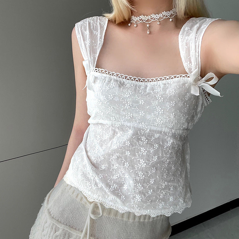 Sweet And Gentle Jacquard Inner Wear Blouse Female Bow Bandage