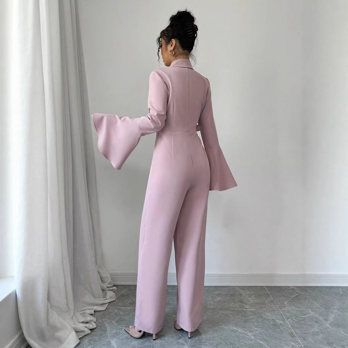 Elegant Long-sleeve Flared-sleeve Wide-leg Jumpsuit