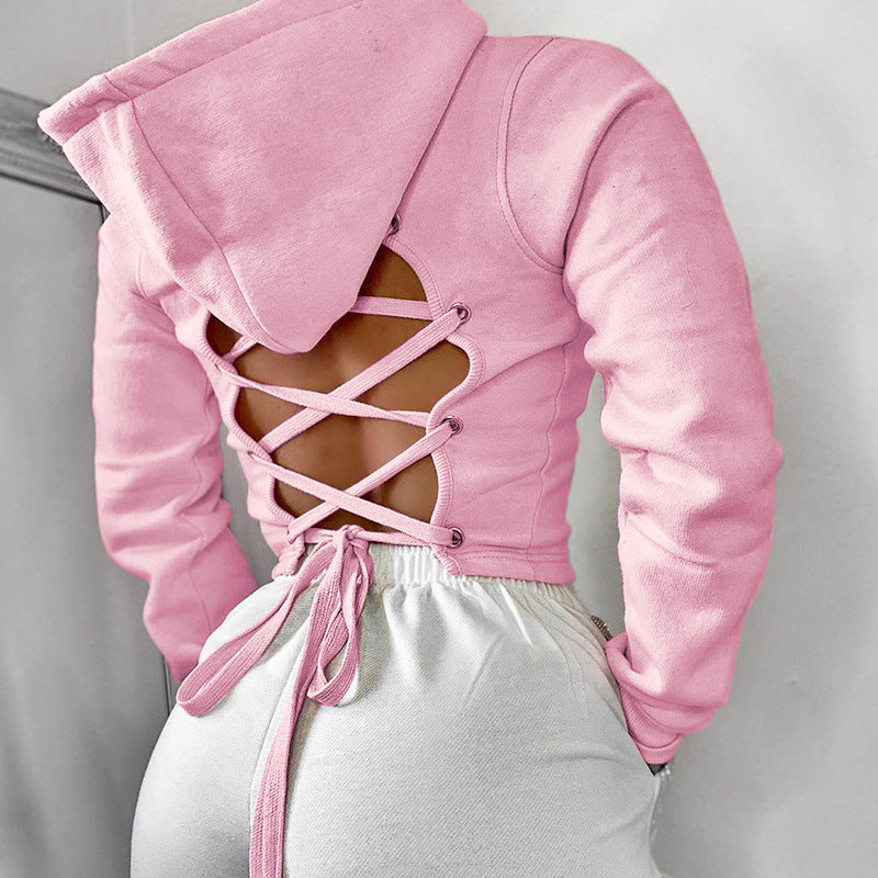 Back Hollow Lace-up Cropped Hoodie
