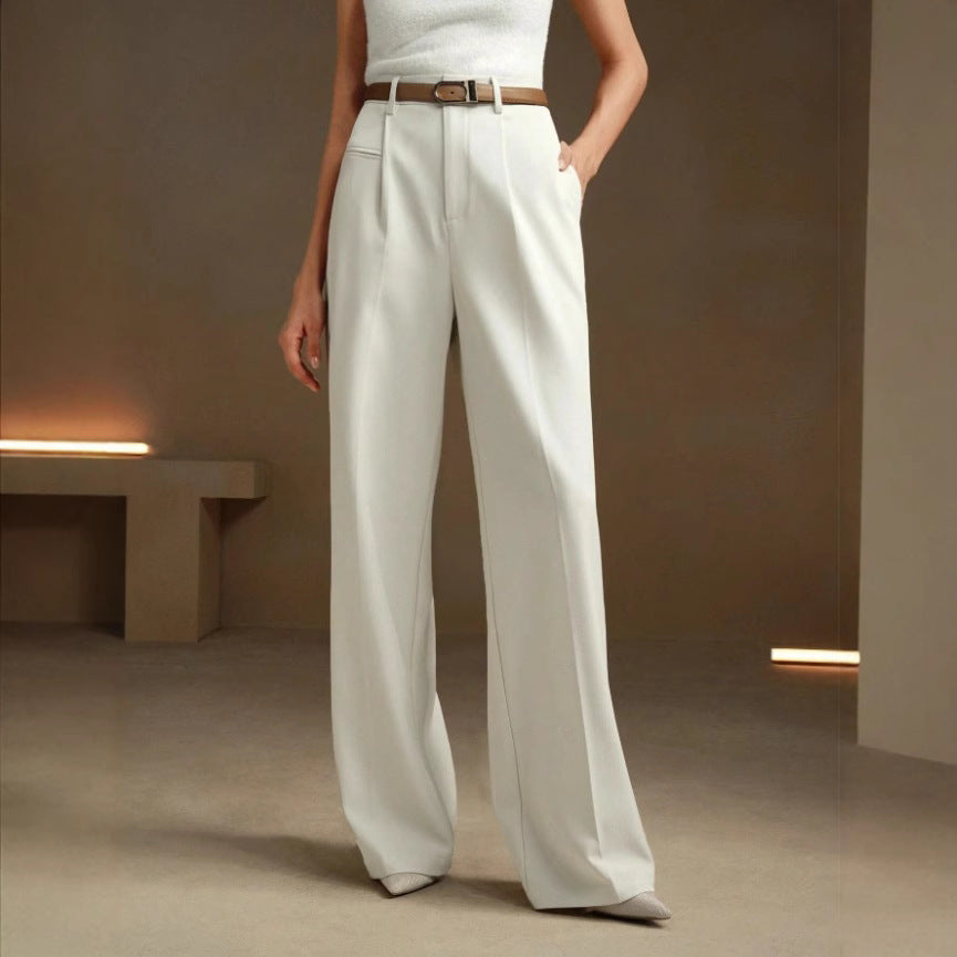High-Waisted Versatile White Straight-Leg Suit Pants