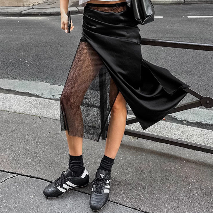 Black Lace Patchwork See-through Long Skirt