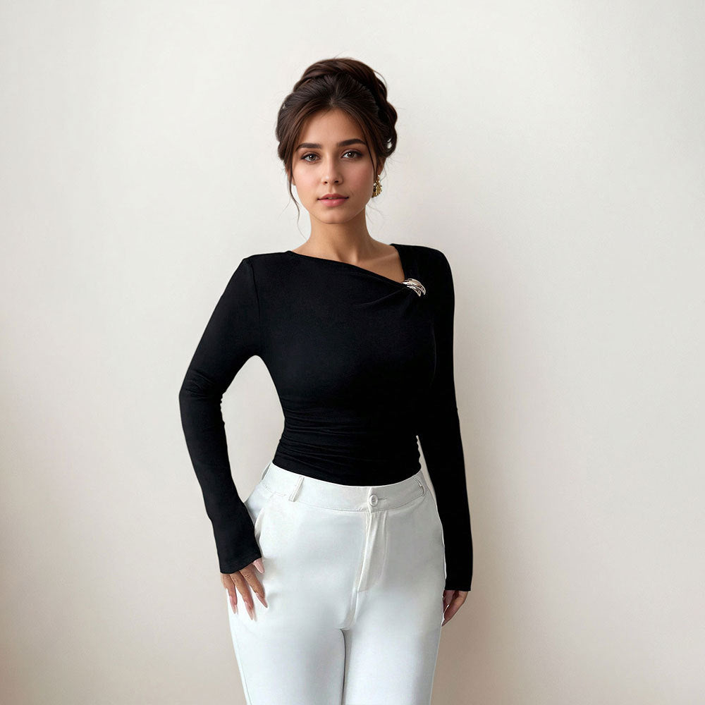Oblique Collar Pleated Slim Base TShirt