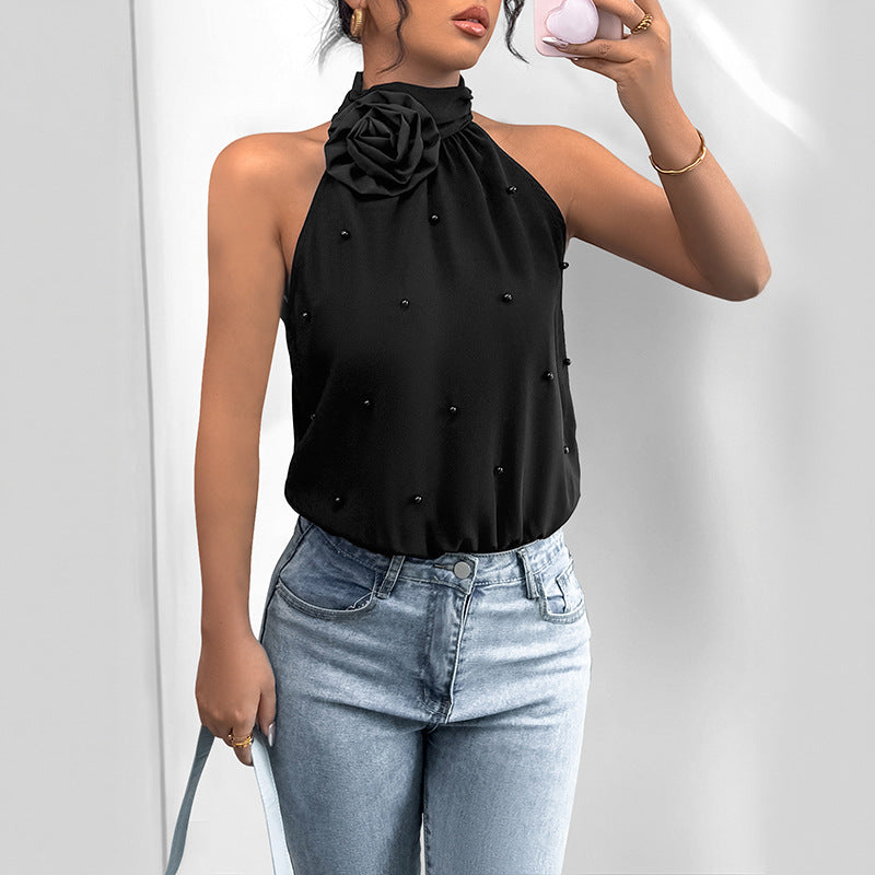 Three-dimensional beads Flower Half Turtleneck Halter Jumpsuit