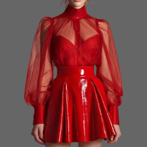 Sheer Mesh Puff Sleeve Blouse And Glossy Red Leather Mini Skirt Set