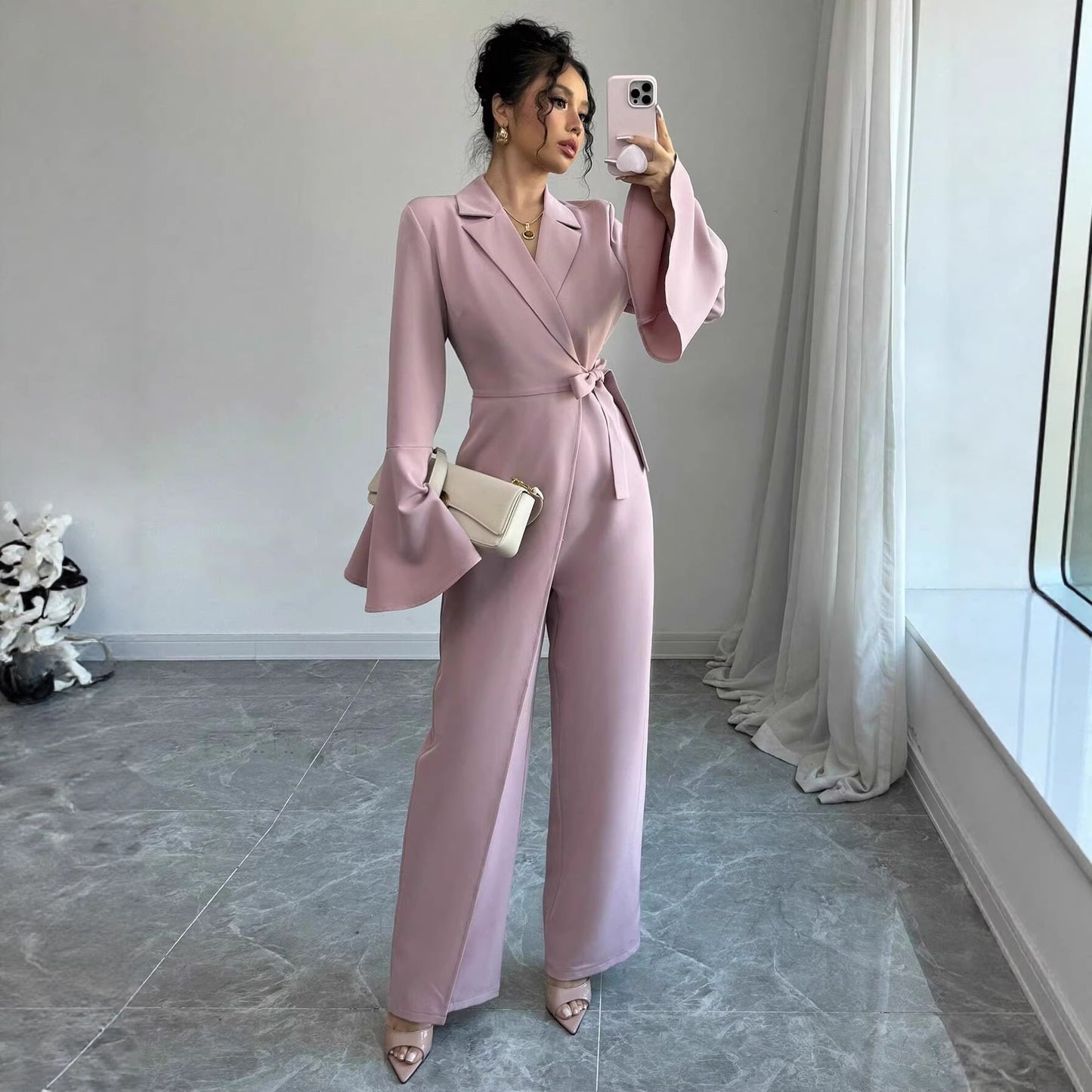 Elegant Long-sleeve Flared-sleeve Wide-leg Jumpsuit