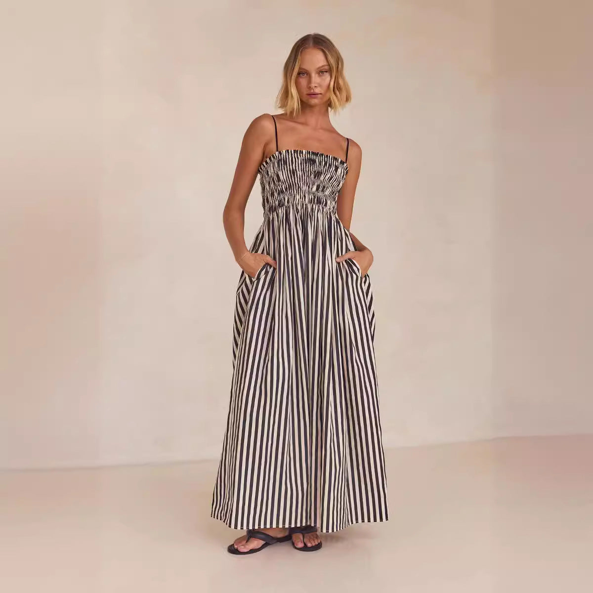 Striped Printed Swing Pocket Sling Dress