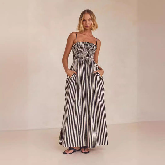 Striped Printed Swing Pocket Sling Dress