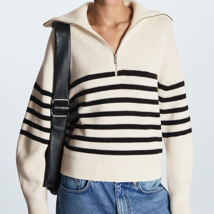 Half-zip Striped Long-sleeved Sweater Blouse