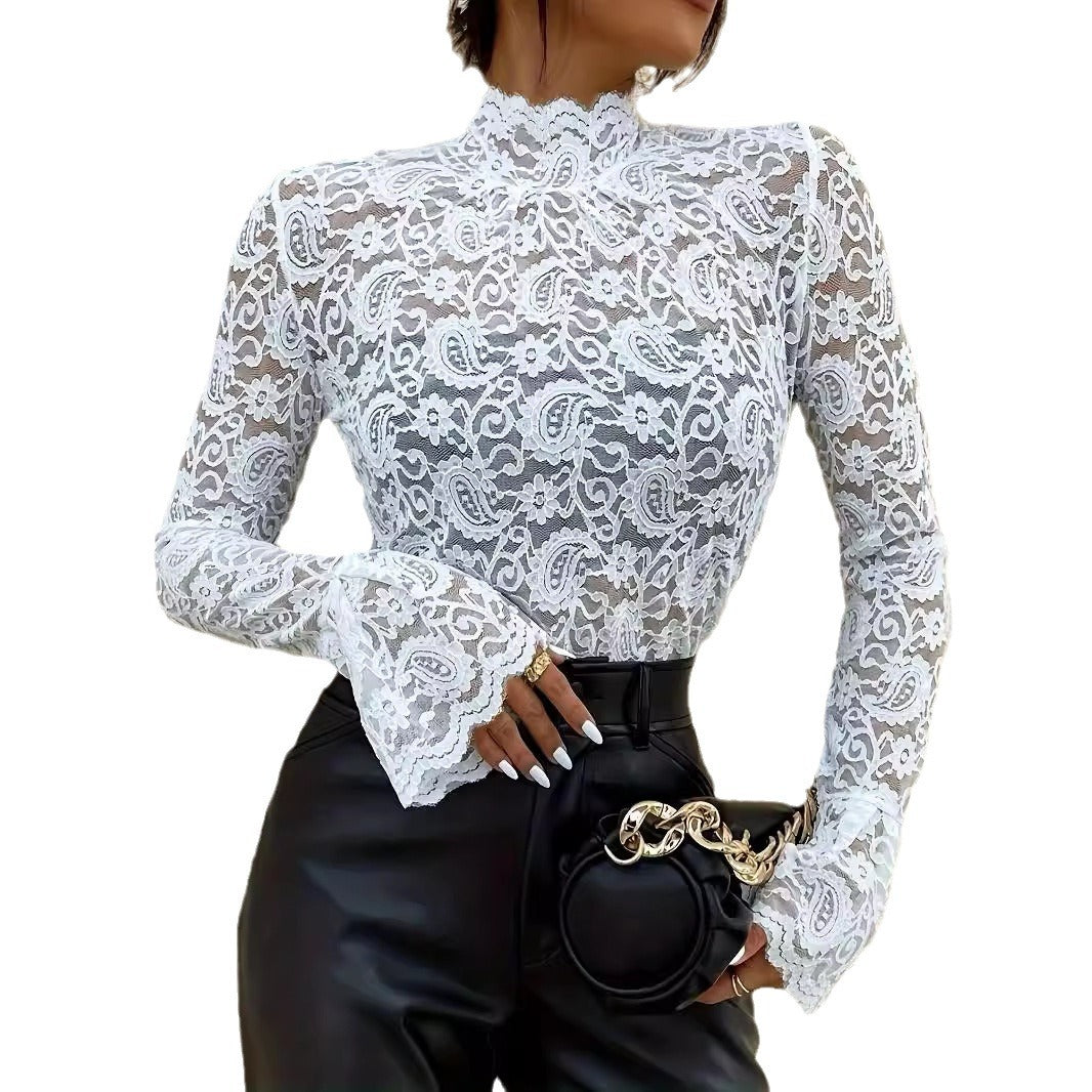 Paisley see through Lace Slim-fit Flared Sleeves Top