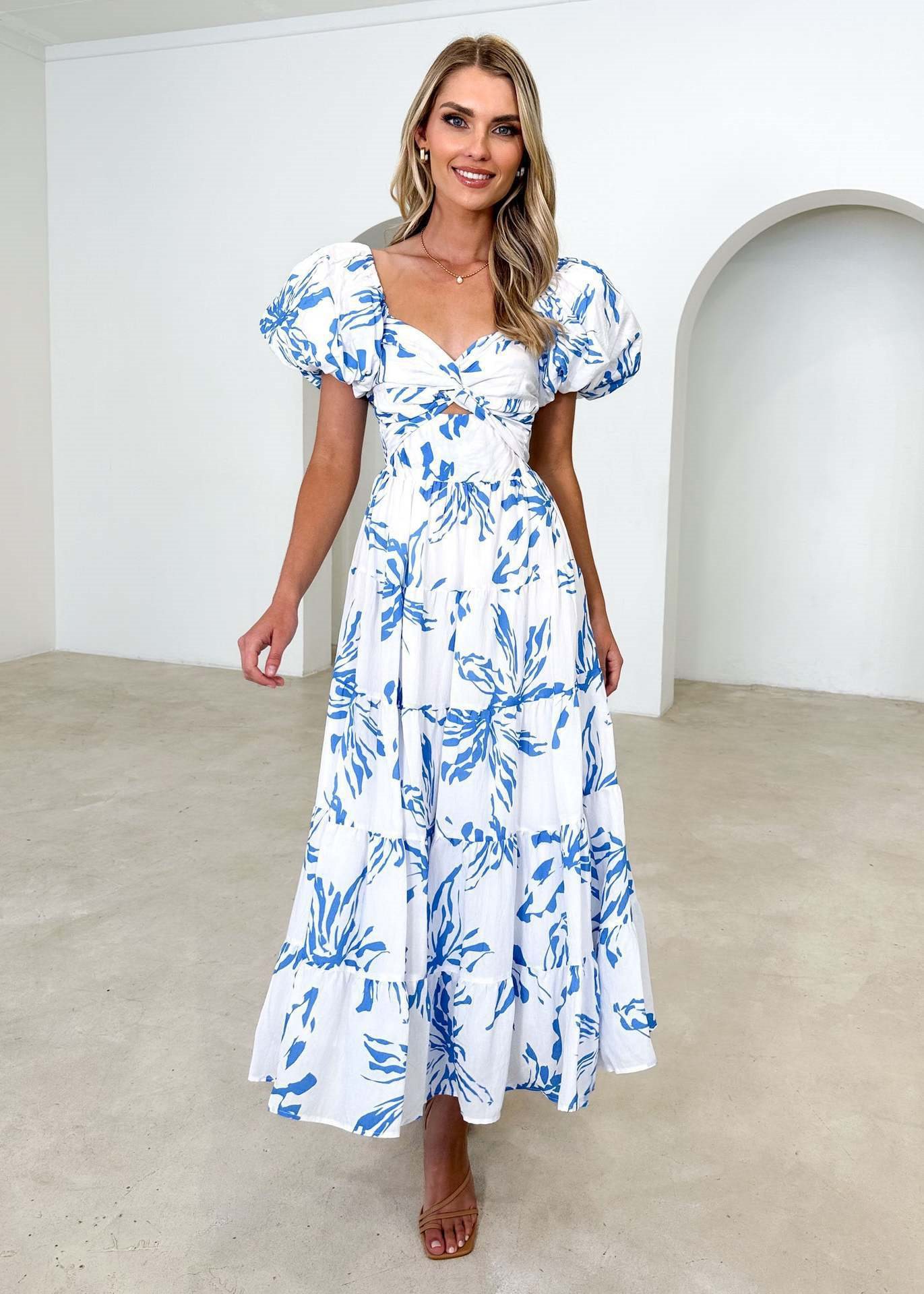 Flared Silhouette Floral Print And Puffed Sleeves Summer Dress