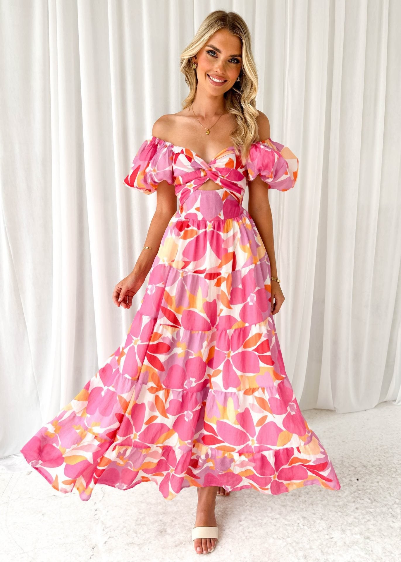 Flared Silhouette Floral Print And Puffed Sleeves Summer Dress