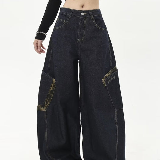 Vintage Leopard Print Patchwork Large Pocket Jeans