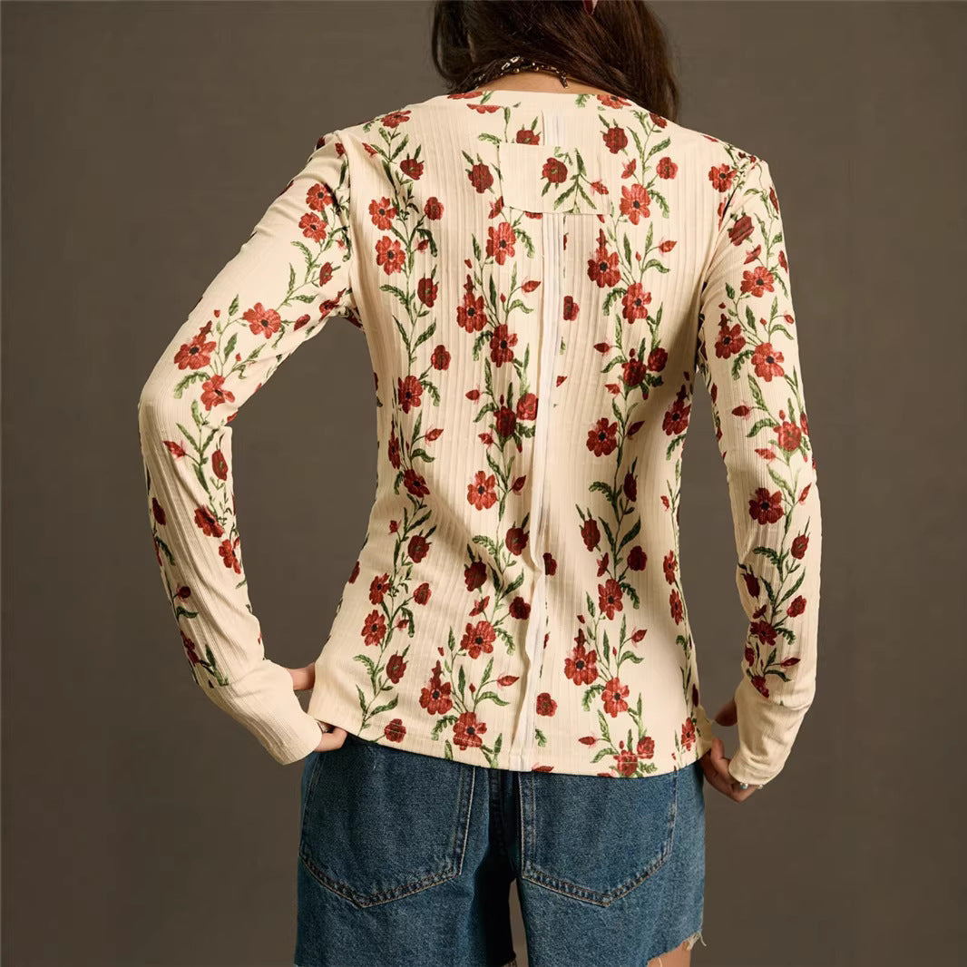 Retro Floral-print Knit Slim-fit Blouse Top