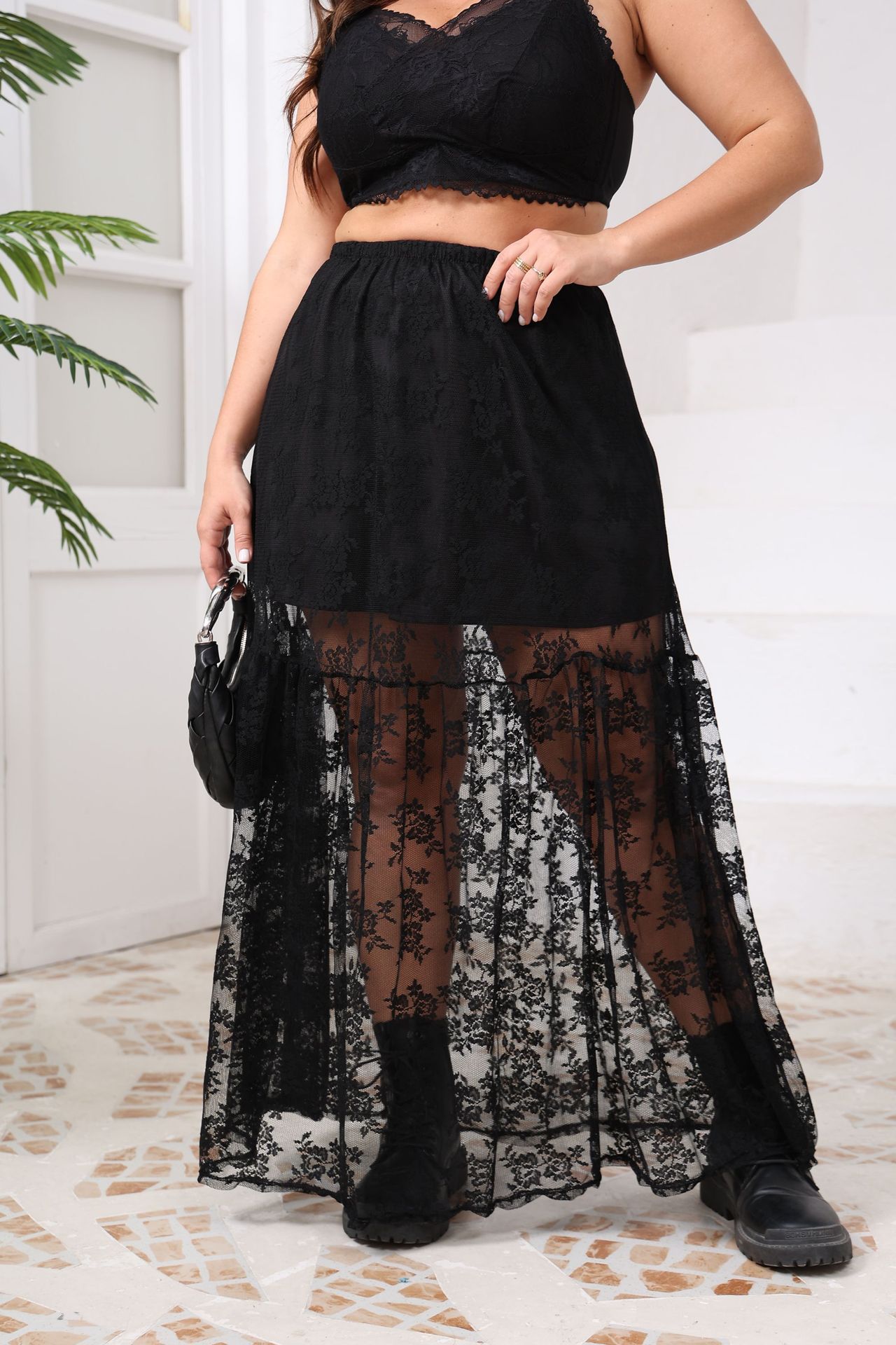 Sheer Polyester Lace A-Line Long Skirt