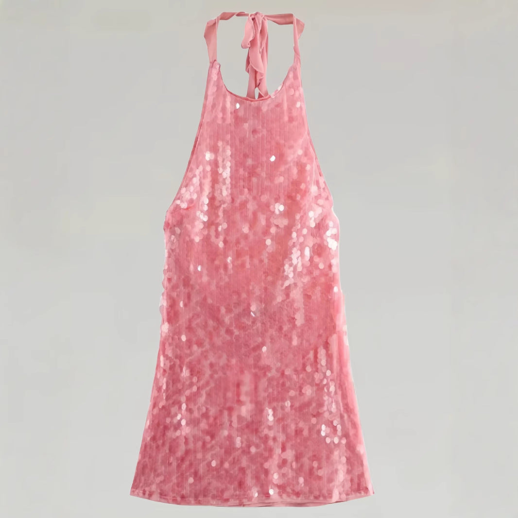 Sexy Beaded Halterneck Dress For Women Sleeveless With A Backless Design