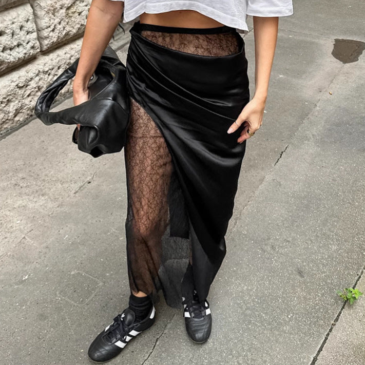 Black Lace Patchwork See-through Long Skirt