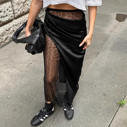 Black Lace Patchwork See-through Long Skirt