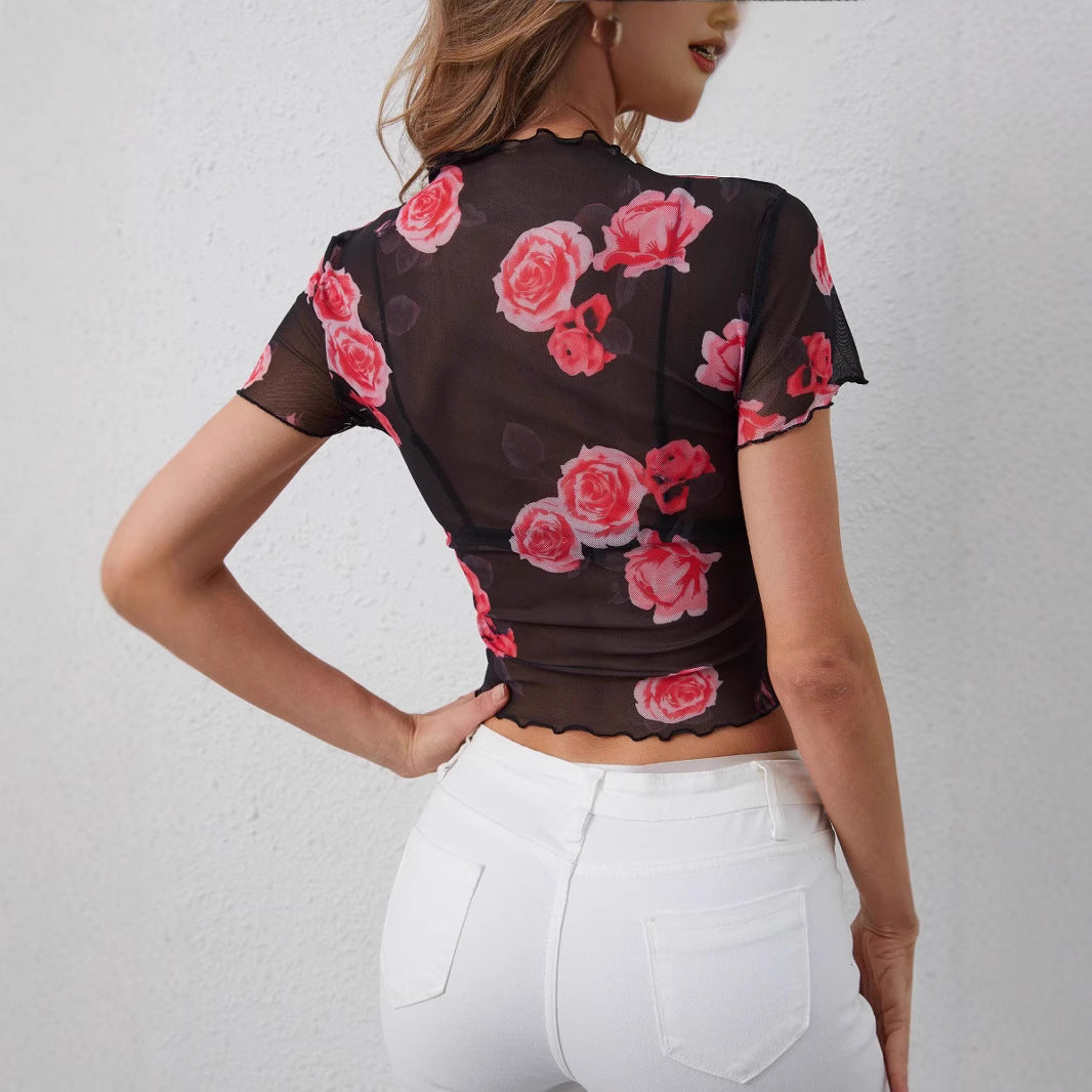 Mesh Flower Print See Thorough T-shirt Blouse