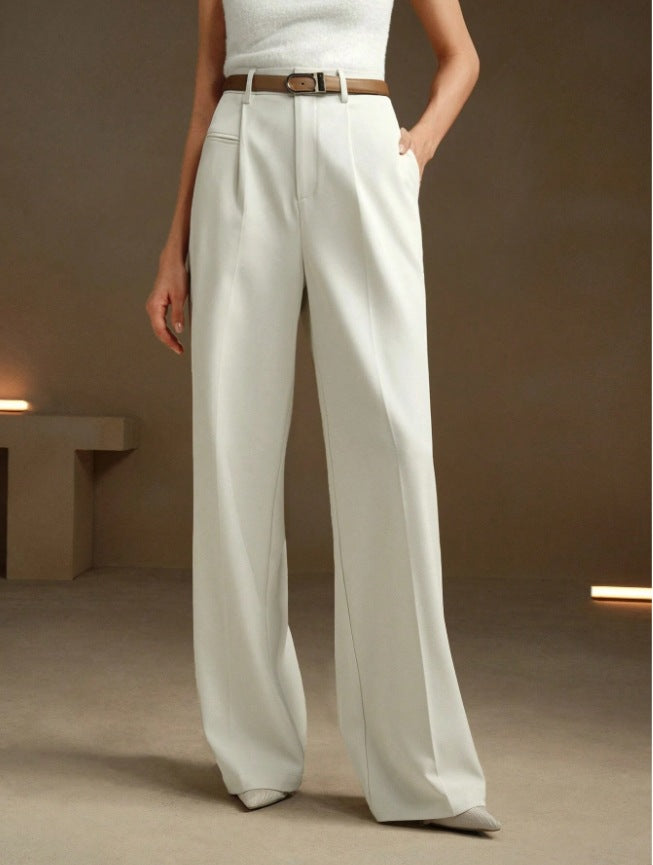 High-Waisted Versatile White Straight-Leg Suit Pants