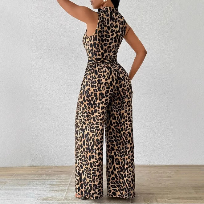 Wide Leg Lace Leopard Print Jumpsuit
