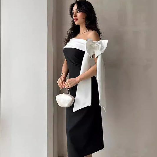 Women's Off-shoulder Bow Black And White Color Matching Elegant Cocktail Dress