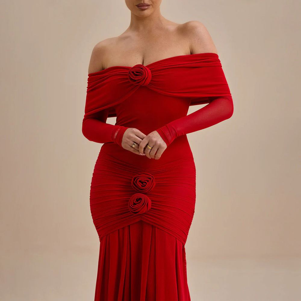Off-shoulder Pleated Dress Flower Dress