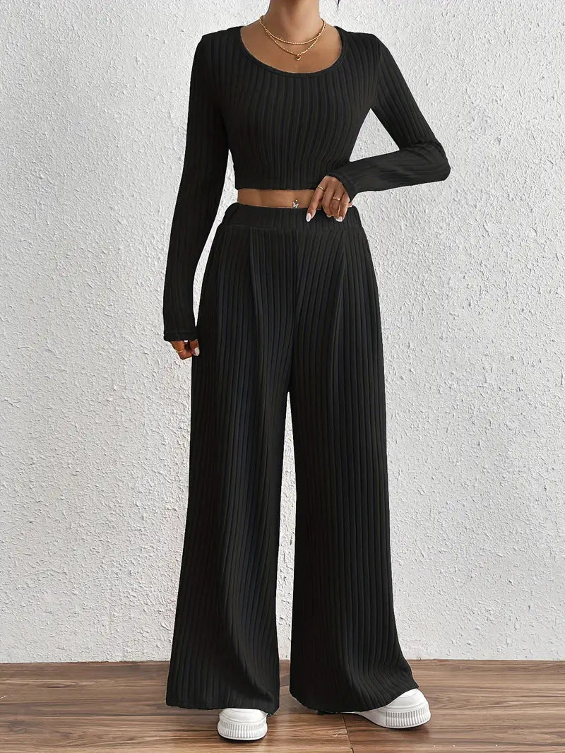 Solid Color Rib Knitted Trousers Mid-waisted Figure Flattering Women's Casual Suits