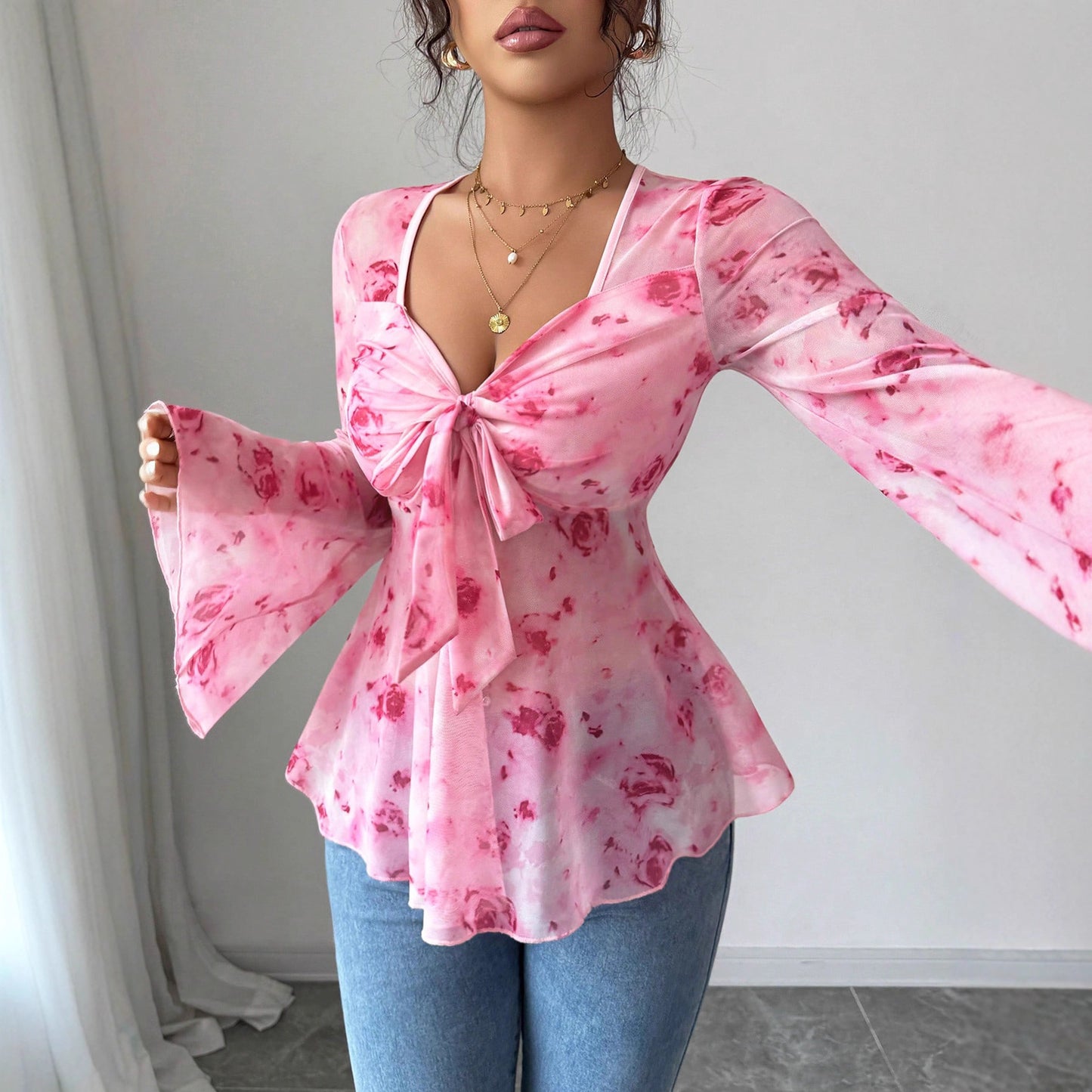 Mesh Red Rose Print Blouse