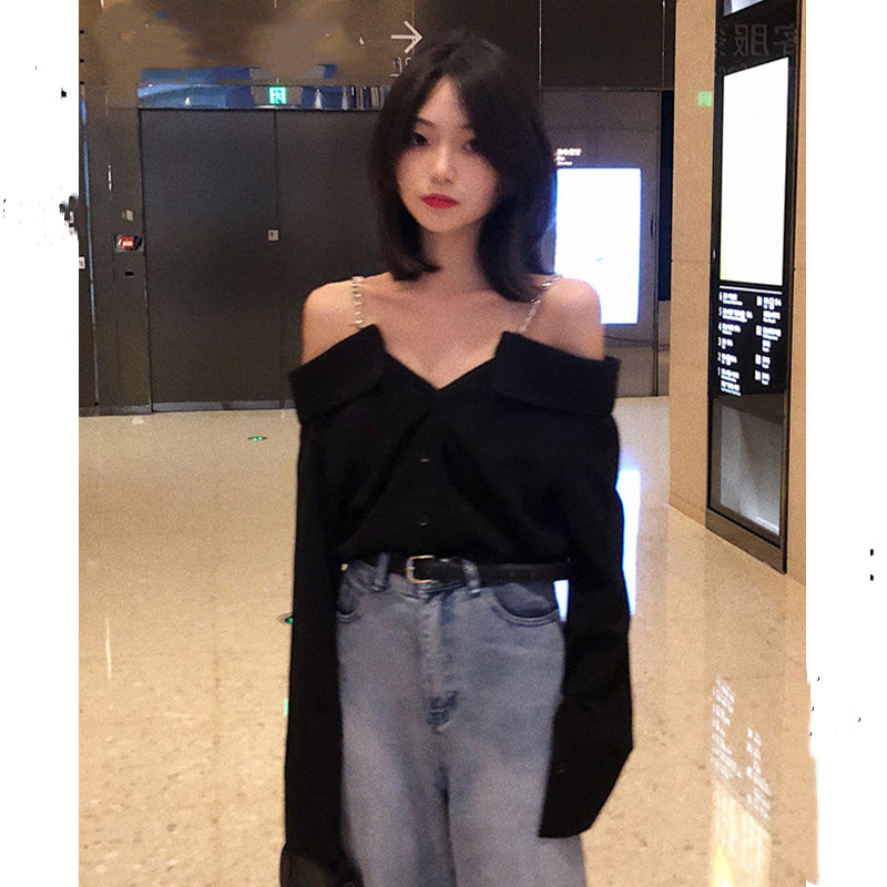 Black Off-shoulder Sling Shirt Blouse