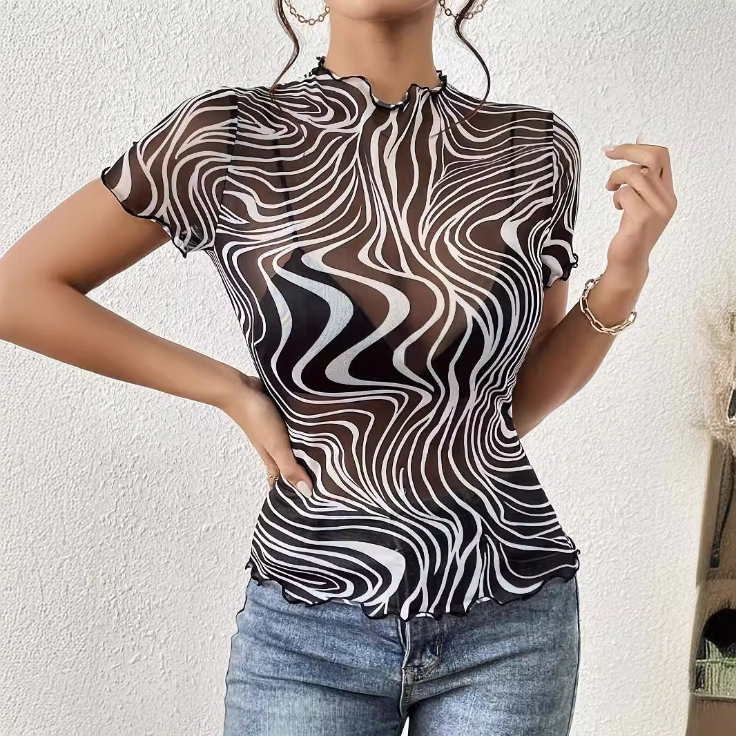 See Through Design Mesh Top Blouse