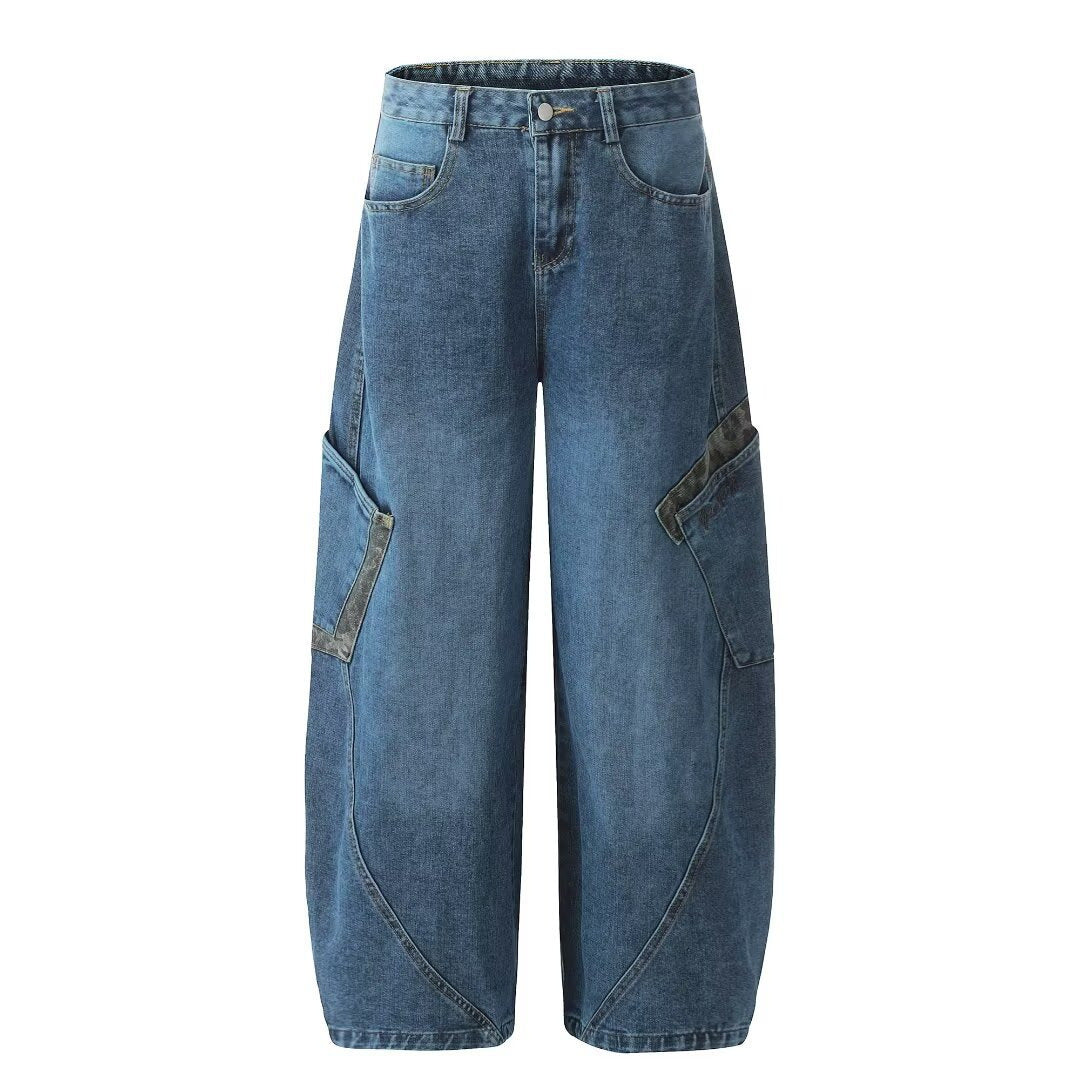 Vintage Leopard Print Patchwork Large Pocket Jeans