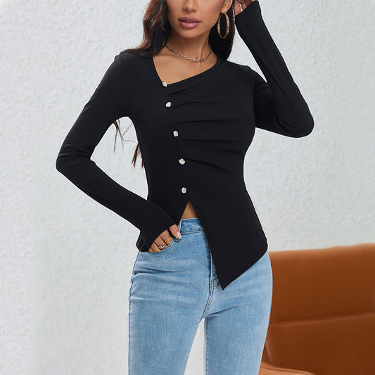 Irregularly Arranged Buttons Black Blouse