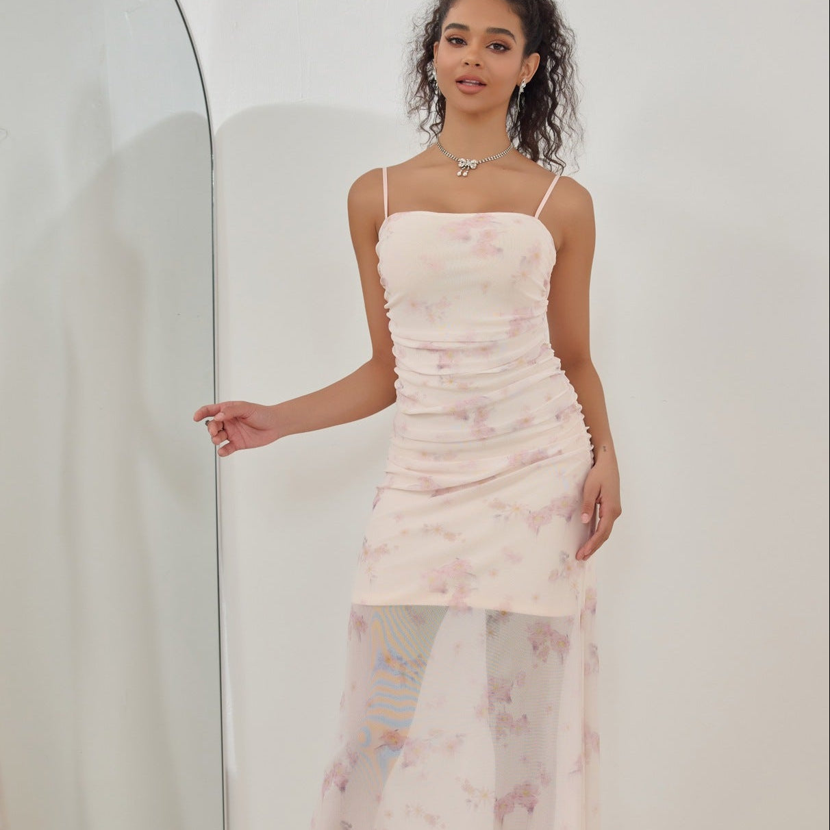 Sweet Printed Pleated Suspender Dress Vacation Style