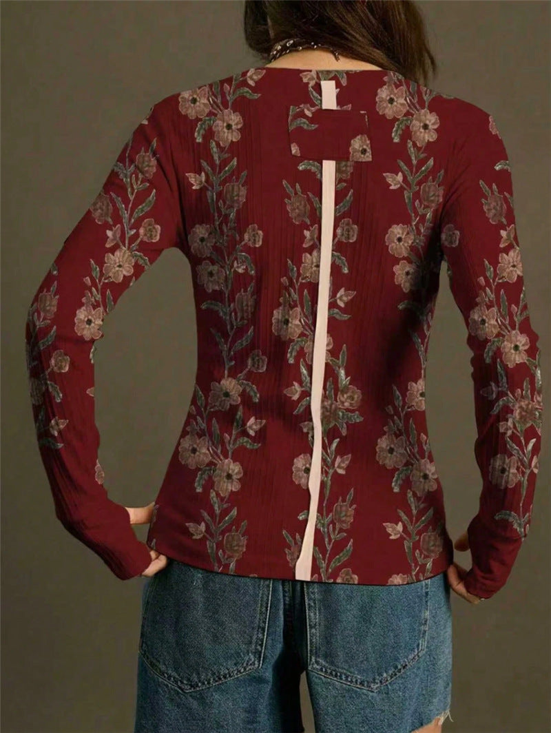 Retro Floral-print Knit Slim-fit Blouse Top