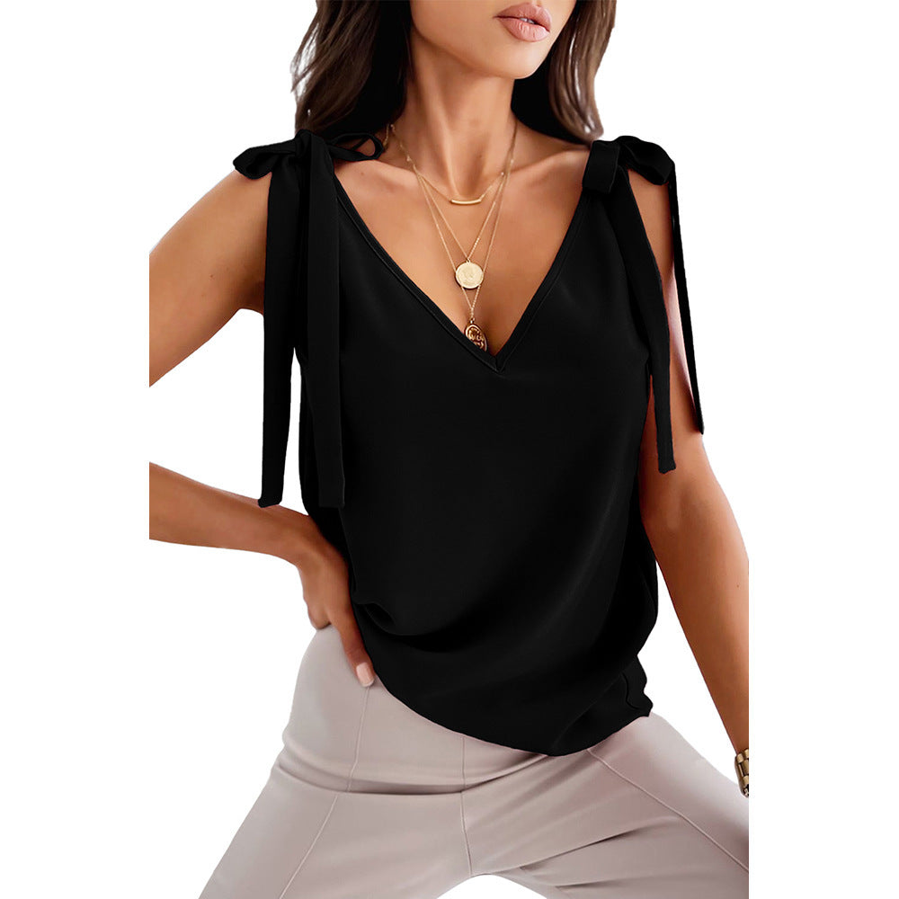 Bowknot Tie Up Camisole V-neck Shirts Women Summer Sleeveless Tank Top