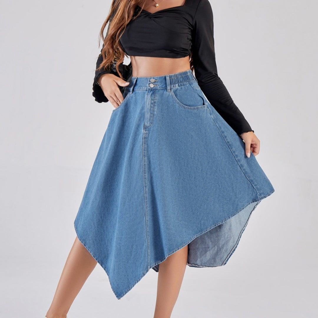Asymmetric Denim High-Waisted Skirt