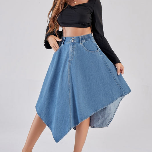Asymmetric Denim High-Waisted Skirt