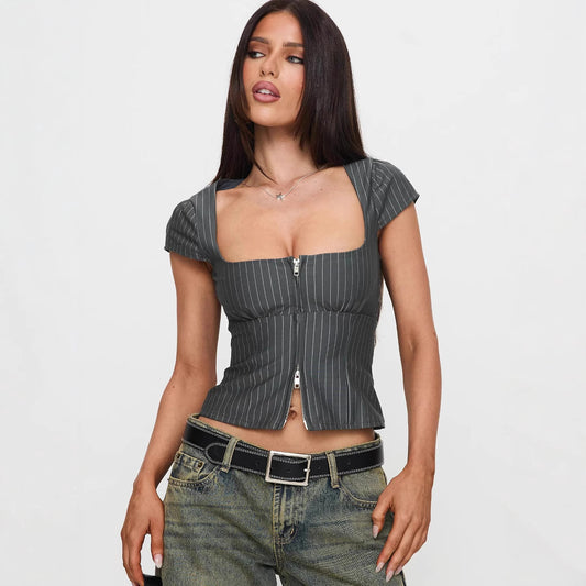 Retro Square-neck Short-sleeve Top With Double Zippers