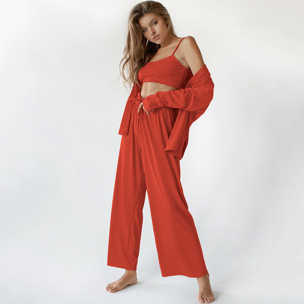 Solid Color Pajamas Undershirt Three-piece Set