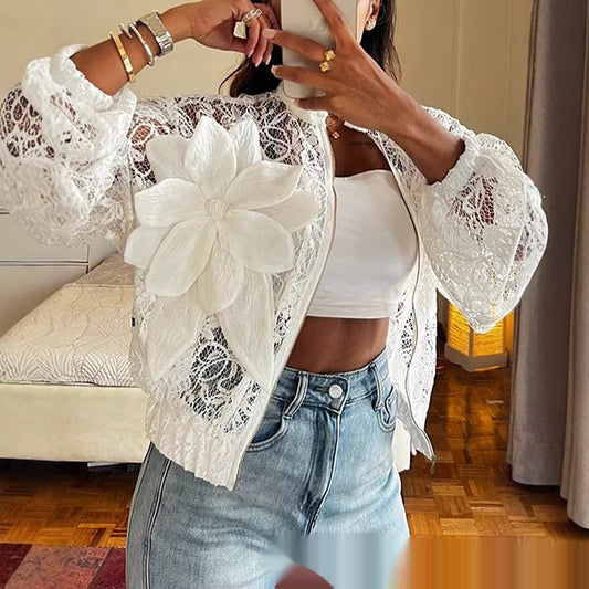 Sheer Lace Fabric Cropped Jacket With 3D Floral Detailing