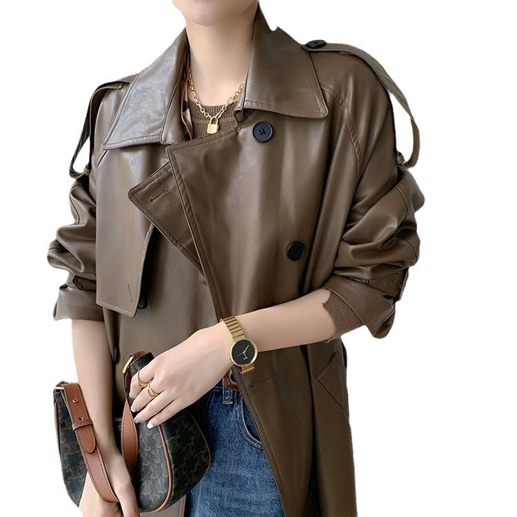 Mid-length Waist Slimming Pu Coat