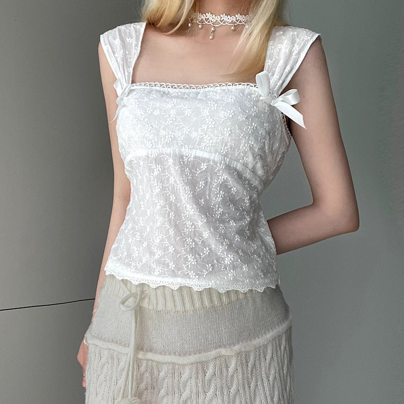 Sweet And Gentle Jacquard Inner Wear Blouse Female Bow Bandage