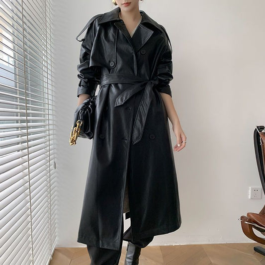 Mid-length Waist Slimming Pu Coat